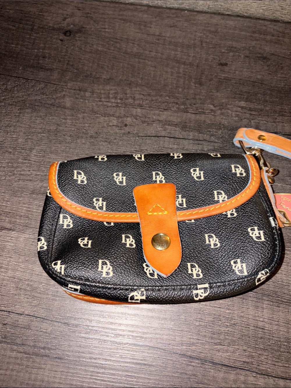 Dooney & Bourke Black Monogram Wristlet with Tan Trim